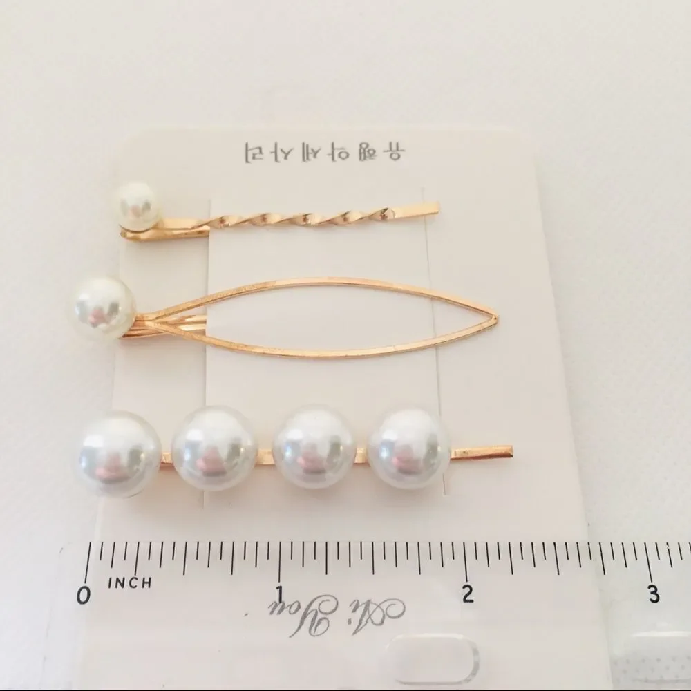 Set of 3 Pearl Gold Tone Hair Pins Barrettes NWT